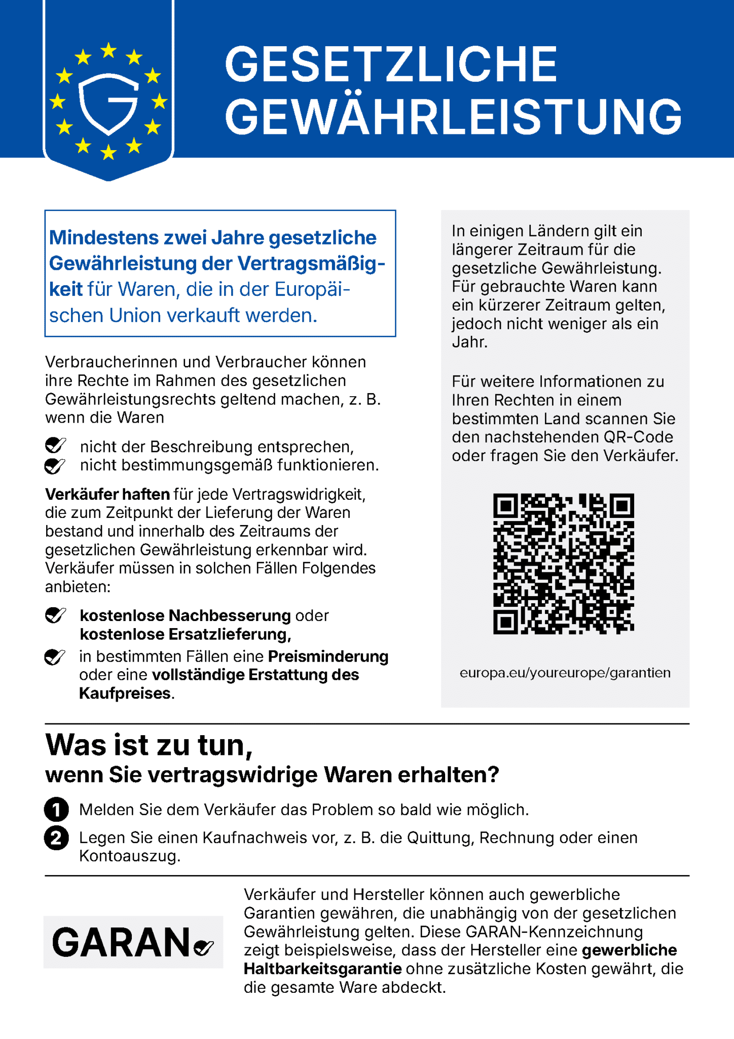 Gesetzliche Gewährleistung – offizieller EU-Hinweis zur gesetzlichen Gewährleistung der Vertragsmäßigkeit